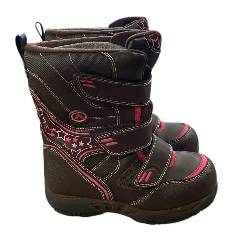 Airwalk Toddler Girls Snow Boots 10 Brown Pink Easy Fasten Waterproof Faux Lined
